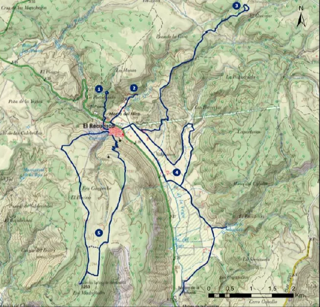 Mapa con las 5 rutas señalizadas en El Recuenco